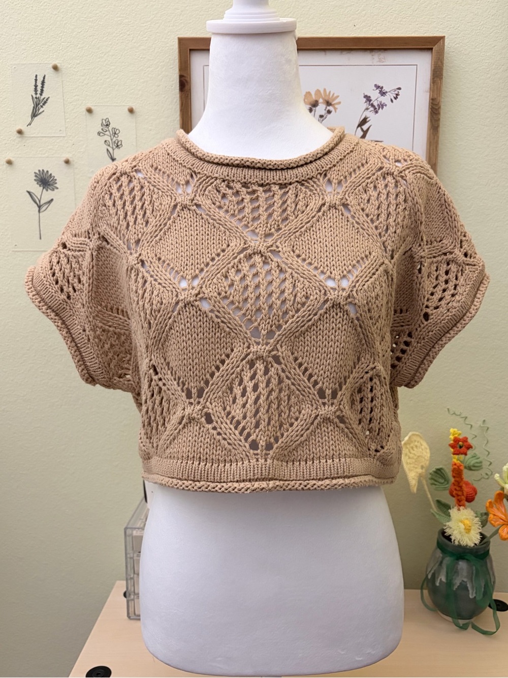 The Giving Beige Open Knit Cropped Sweater Top Short Sleeve Boho Coastal S
